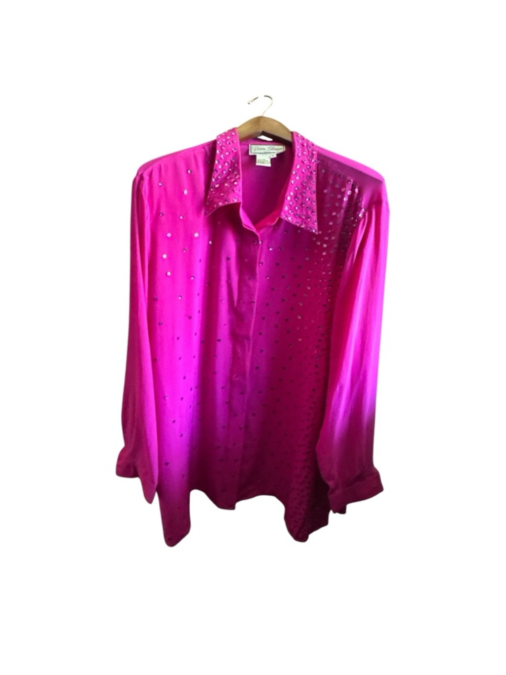 Diane Gilman Vintage 80s Bright Fuchsia Sequin Embellished Button-Up Silk Blouse